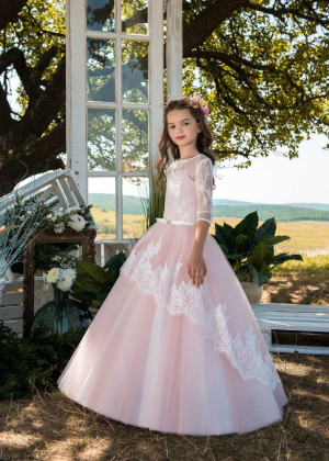 Ivory Eyelash Lace Pink Tulle Princess Flower Girl Dress